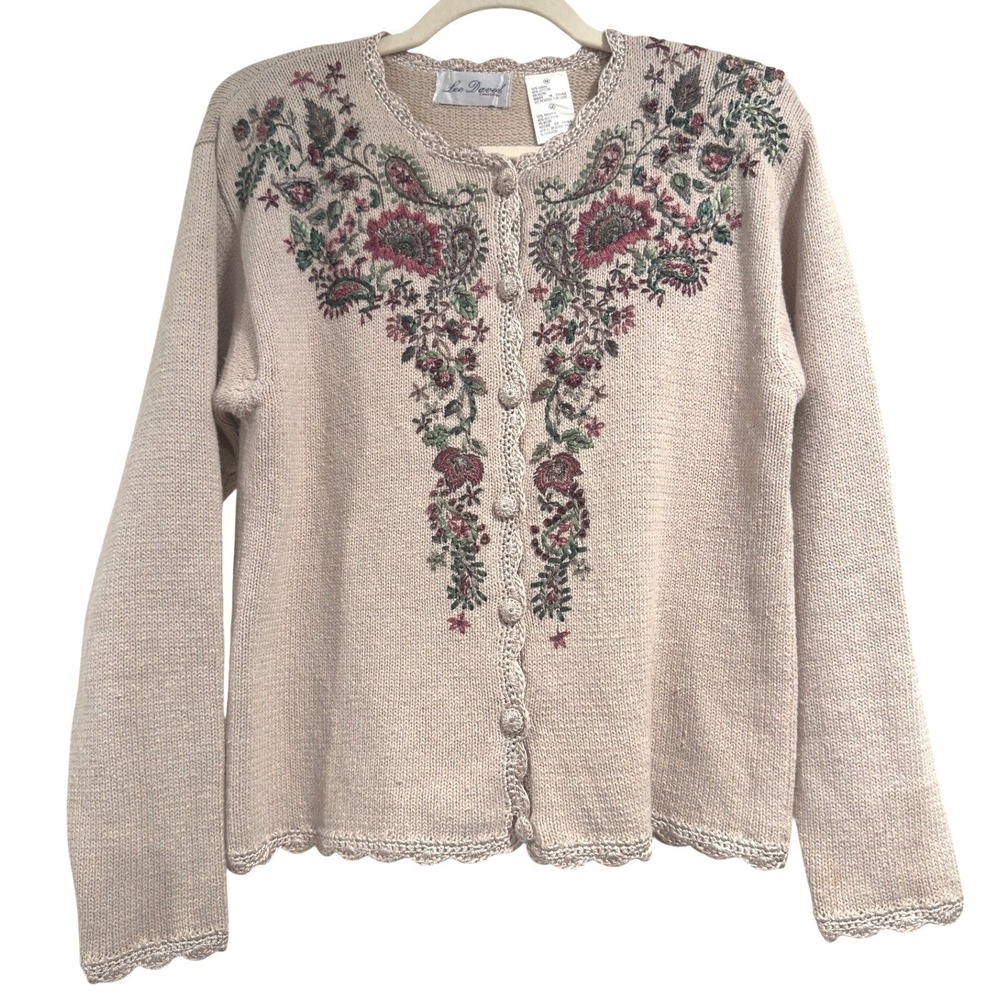 Lee David Collection Womens Floral Embroidered Cardigan Tan Ramie Cotton Med